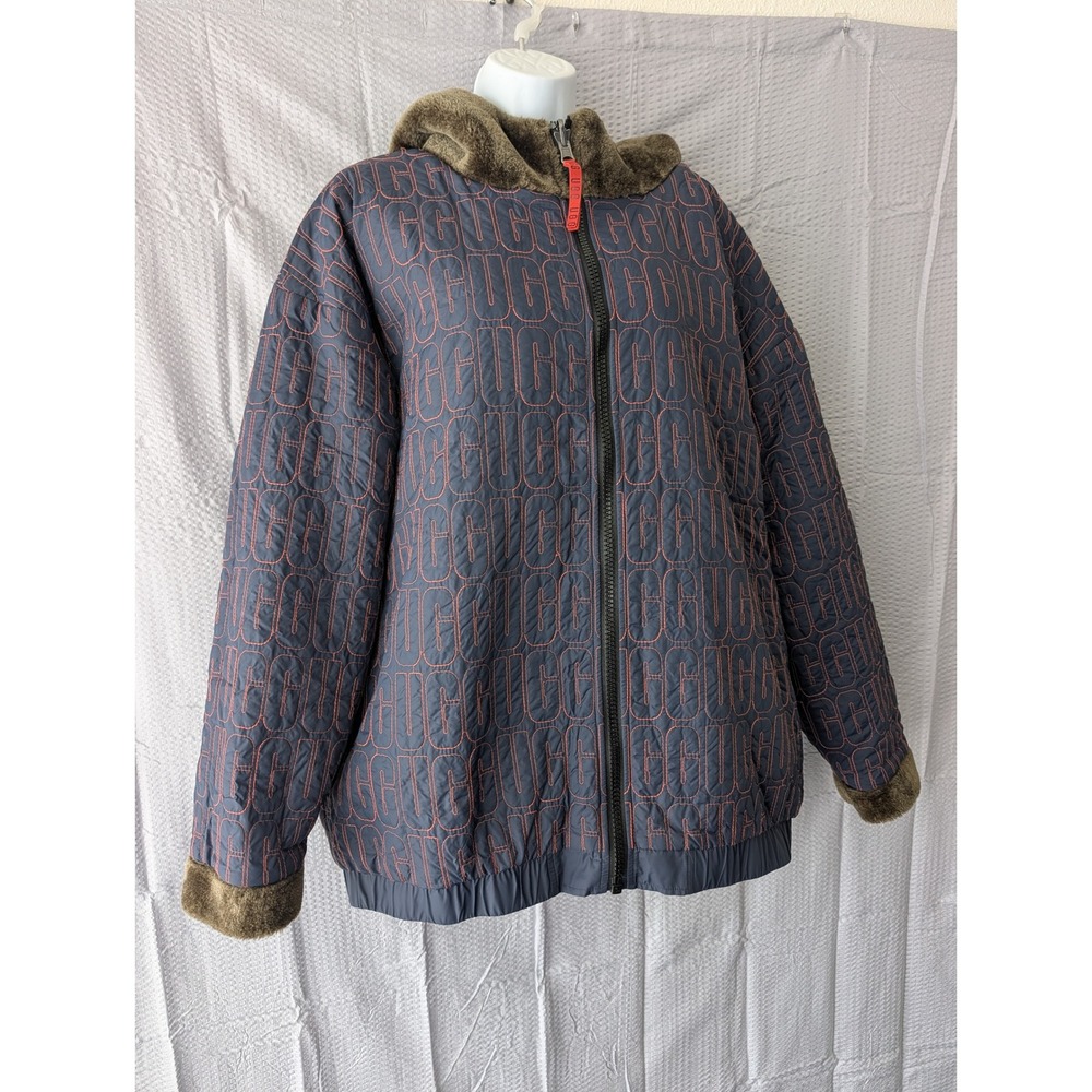 UGG Reversible Hooded Jacket Navy Quilted Logo Faux Fur Olive Green XL/XXL